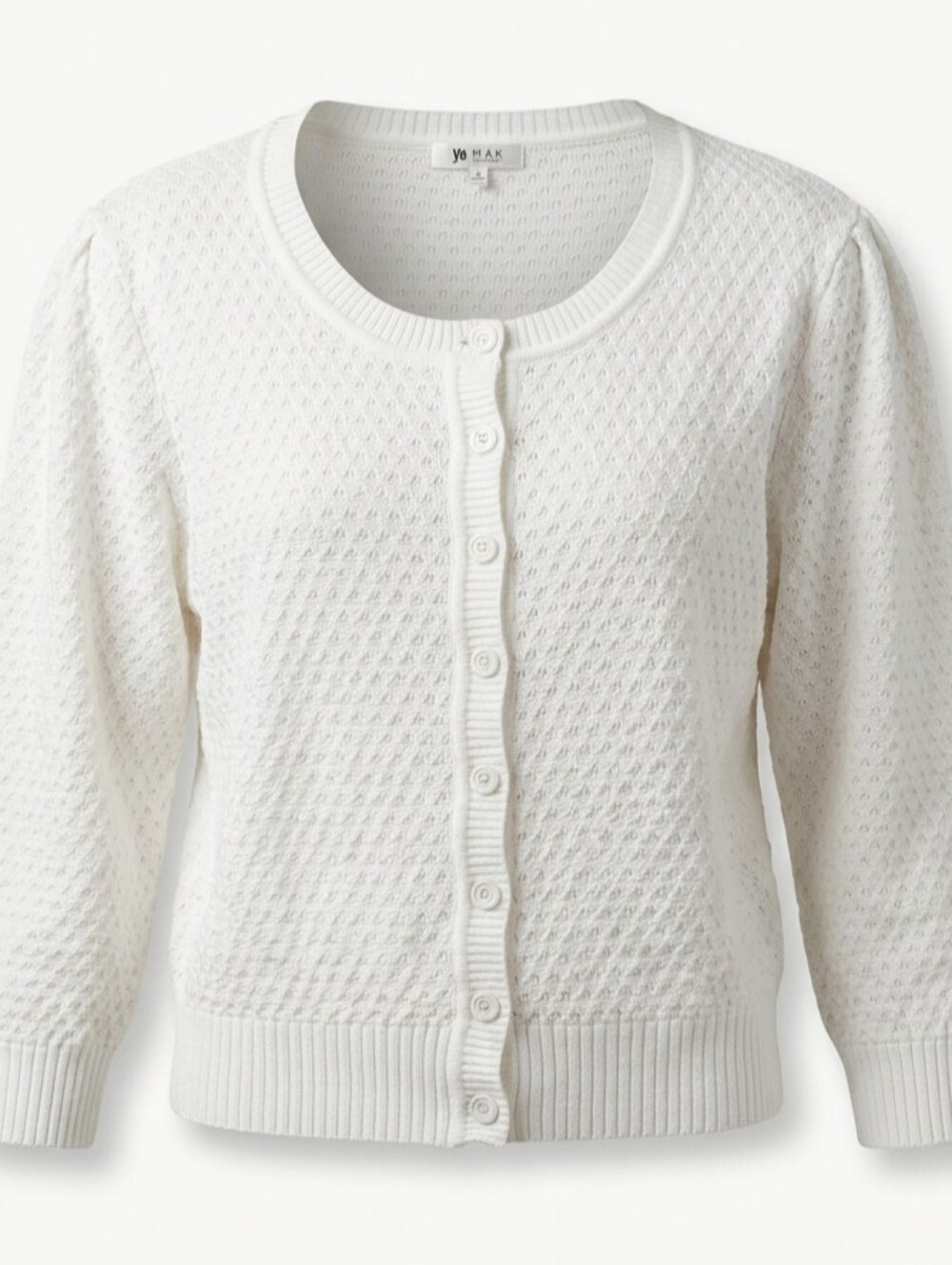 Ye Mak CrewNeck White Pointelle Cardigan Sweater 3/4 Sleeves Womenz Size 3X Chic